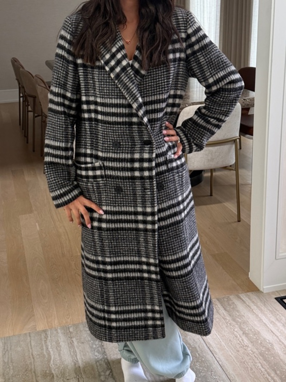 AllSaints Black & White Plaid Double-Breasted Long Pea Coat